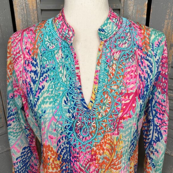 Lilly Pulitzer Sarasota Beaded Tunic Top Electric Feel Cameo Sz S - Picture 3 of 16